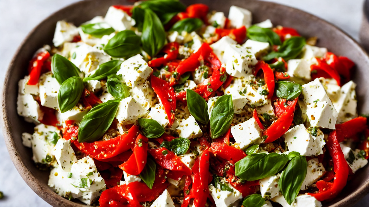 In a bowl, mix crumbled feta, chopped garlic, fresh basil, and a pinch of red pe