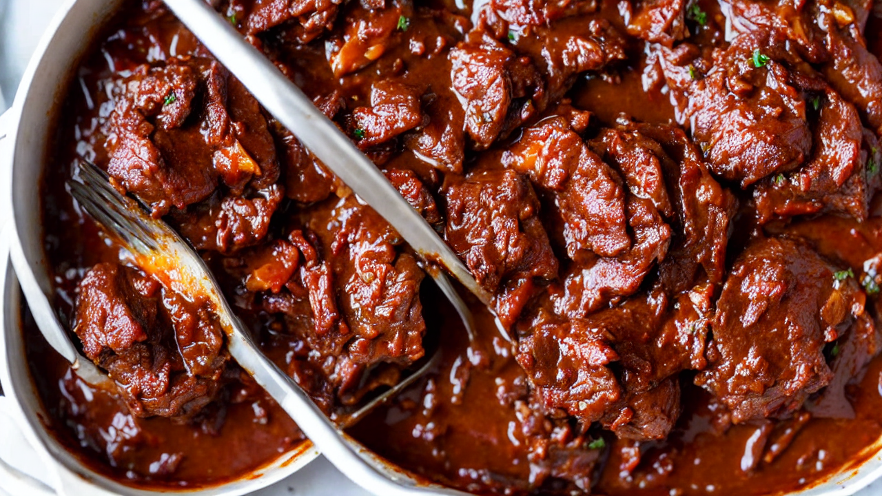 Shred the tender beef with two forks right in the pot. Strain the braising liqui