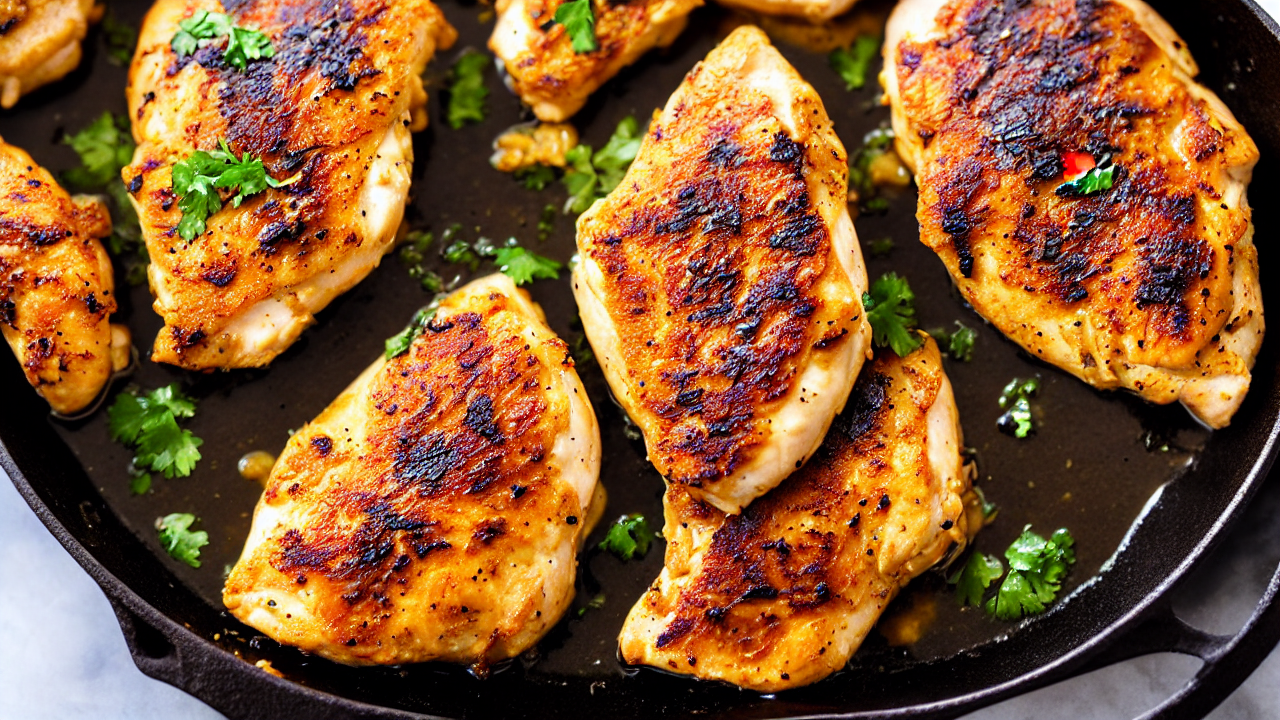 Heat olive oil in a skillet, then sear chicken breasts until golden. Add garlic 