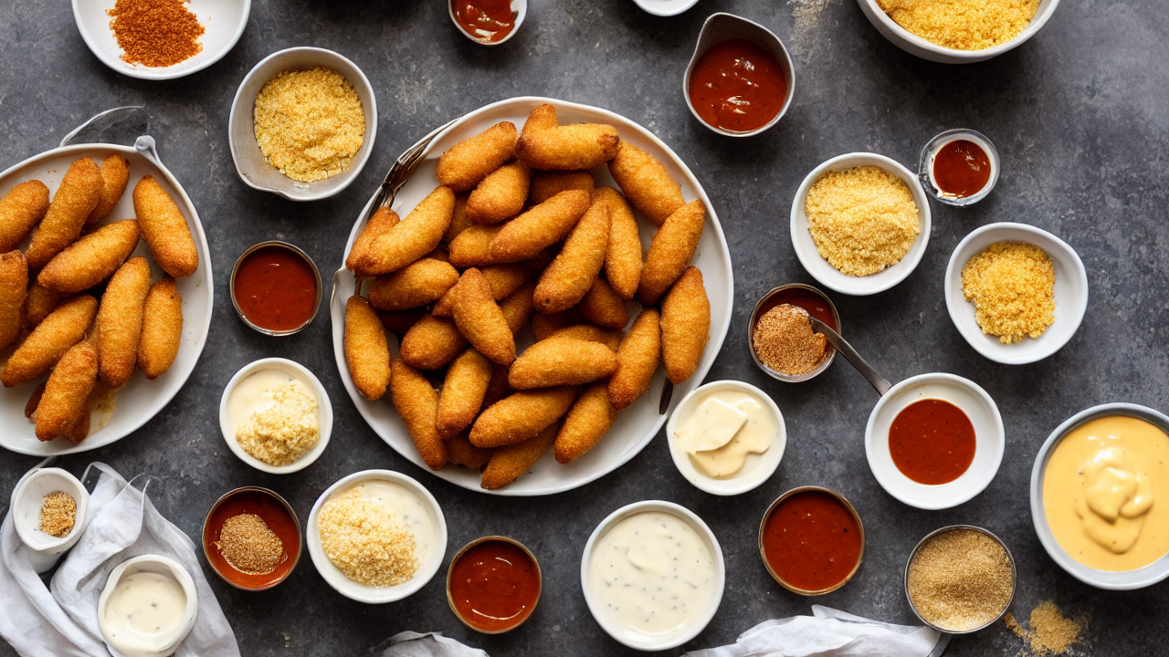 You'll need corn dogs, cheese sauce, breadcrumbs, and Korean chili garlic sauce.