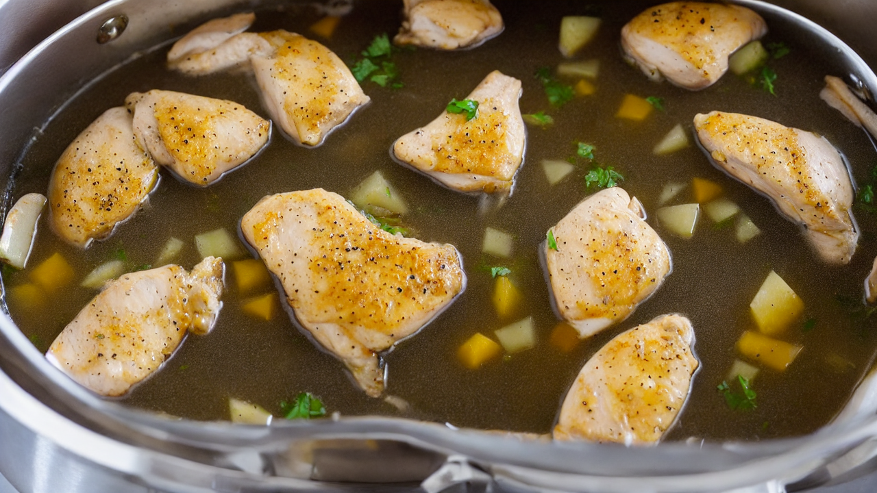 First, let’s get our chicken cooking! Add the chicken breasts to a large pot wit