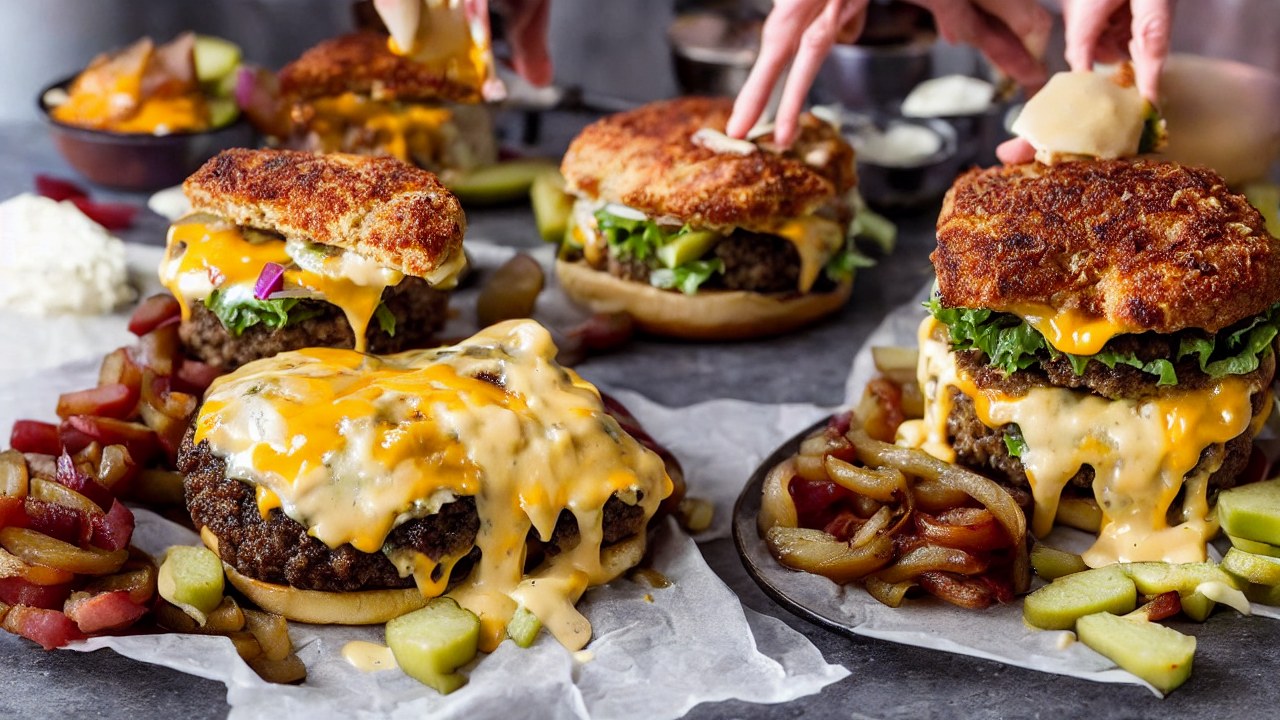 Stack two patties with melted cheese on the toasted bun. Add pickles, thinly sli